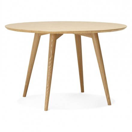 Mesa de comedor redonda con extensible central de 65 cm, sobre de madera  lacada en blanco mate y base en acero lacado color cobre.