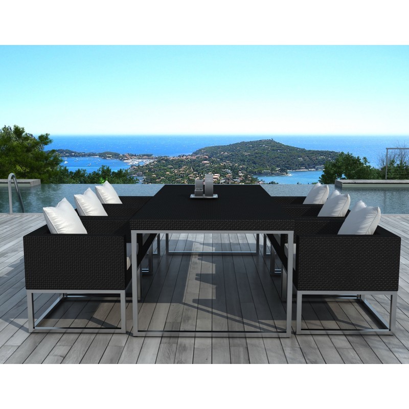 Tavolo da pranzo e 6 sedie da giardino PUEBLO in resina intrecciata (cuscini neri, bianchi/ecru) - image 29788