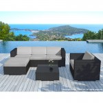 Garden furniture 5 squares SEVILLE woven resin (black, grey cushions)