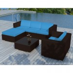 Garden furniture 5 squares SEVILLE resin braided (Brown, blue cushions)