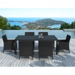 Dining table and 6 chairs garden PALMAS in woven resin (black, white/ecru cushions)