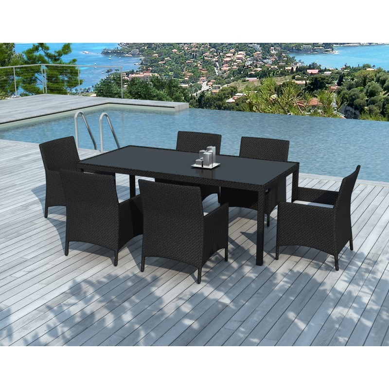 Conjunto Mesa y sillas Jardin con 6 Sillas Exterior Palma Mesa de Cristal  de 150x90cm Color Negro, Ideal para Jardines, terrazas y Exteriores.
