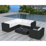 Garden furniture 6 seater LAGOS woven resin (black, white/ecru cushions)