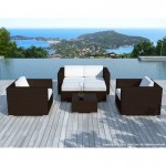 Garden furniture 6 seater KUMBA resin braided (Brown, blue cushions)