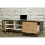 Furnished contemporary low TV 1 door 1 drawer 2 niches BOUBA in solid oak and mineral coating (oak natural, black)