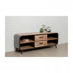 Low TV 2 drawers 4 industrial niches 150 cm BENOIT massive teak recycled and metal stand