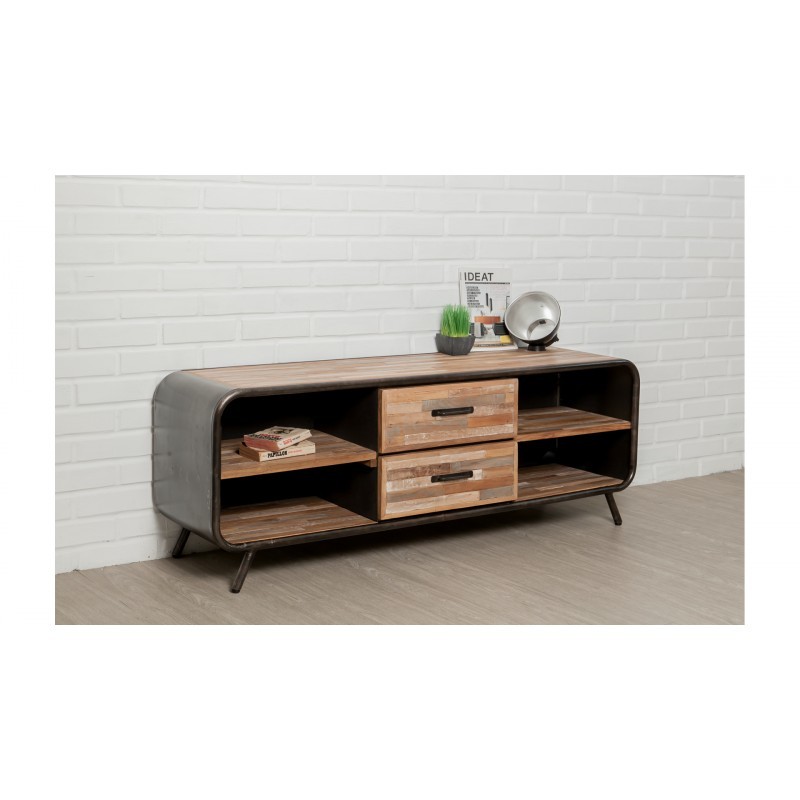 Low TV 2 drawers 4 industrial niches 150 cm BENOIT massive teak recycled and metal stand - image 36220