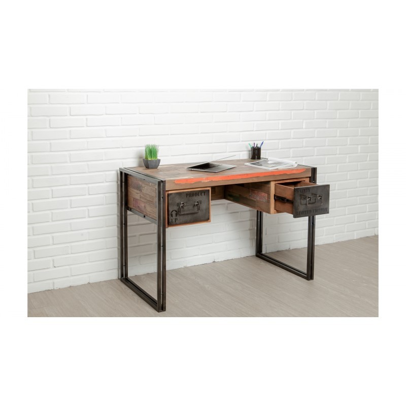 120 Cm Industrial Straight Desk In Recycled Solid Teak And Noah Metal