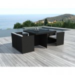 Tavolo e 4 sedie built-in giardino KRIBOU in resina intrecciata (neri, bianco/ecru cuscini)