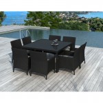 Dining table and 8 chairs garden PALMAS in woven resin (black, white ecru cushions)