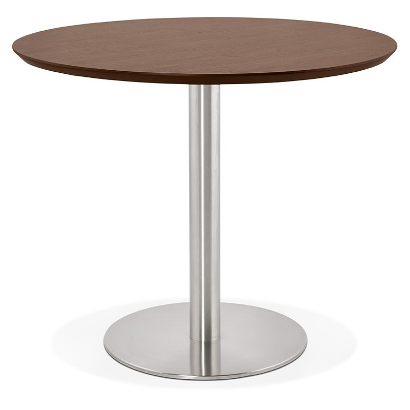Mesa redonda de comedor de diseño u Oficina COLINE en MDF y cepillado de metal (Ø 90 cm) (nogal, acero cepillado) - image 39770