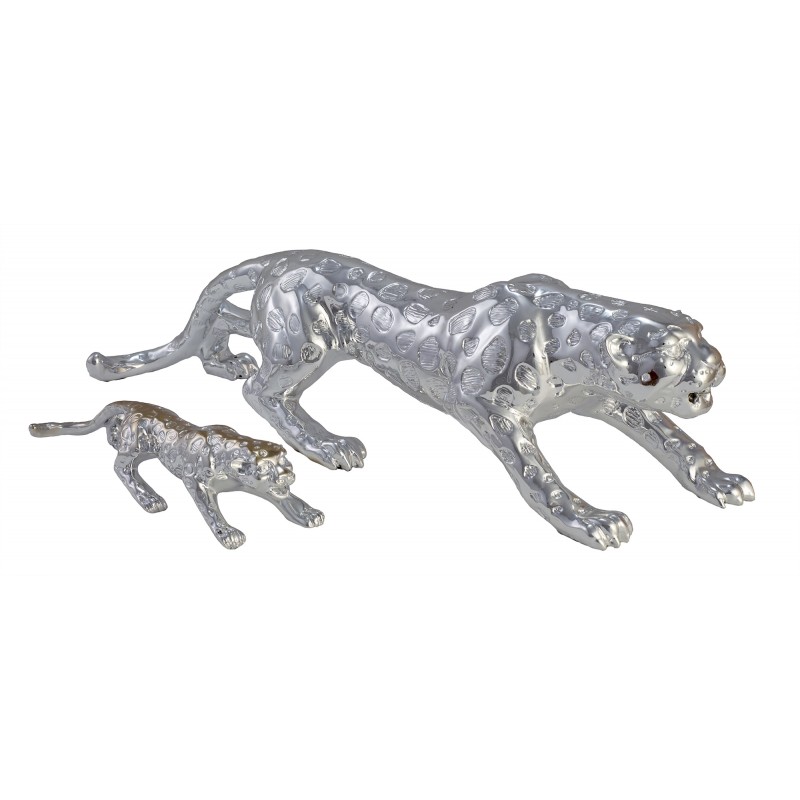 Set of 2 decorative sculptures design MOM and baby Panther statues resin: 30/60 cm (Silver) - image 40943