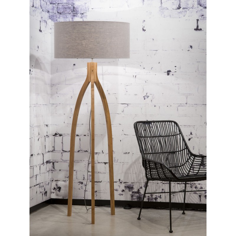 Lampada in legno in piedi e paralume di lino eco-friendly ANNAPURNA (naturale, grigio chiaro) - image 44500