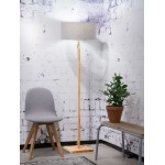 Lampada in legno in piedi con bambù e paralume di lino eco-friendly FUJI (naturale, grigio chiaro)