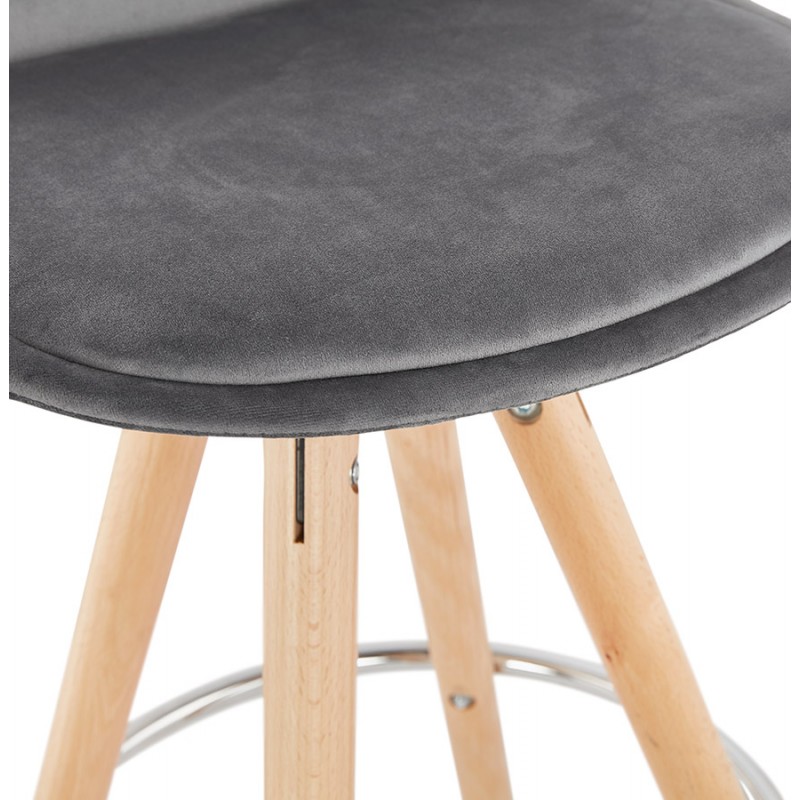 Tabouret de bar scandinave en velours pieds bois couleur naturelle MERRY (gris) - image 45850