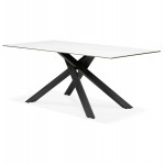 Ceramic and black metal design dining table (180x90 cm) FLORINA (white)