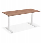 Bureau assis debout électrique en bois pieds blancs KESSY (160x80 cm) (finition noyer)