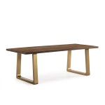 Dining Room Table 220X95X77 Wood Brown Metal Golden