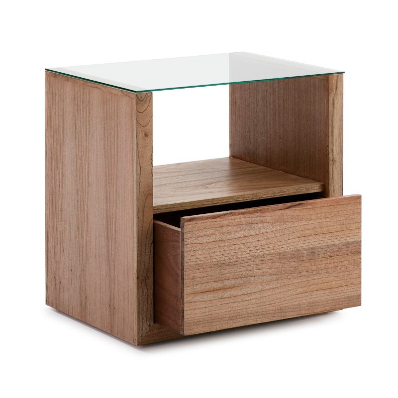 Bedside Table 1 Drawer 60X45X60 Glass Wood Natural Veiled - image 50821