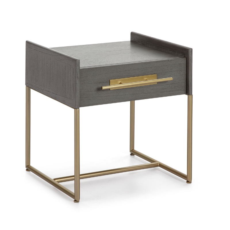 Bedside Table 1 Drawer 50X45X54 Wood Grey Metal Golden