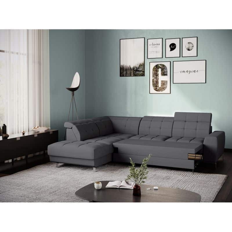 Corner sofa convertible 5 places headrest fabric VIKY Dark grey - image 54849