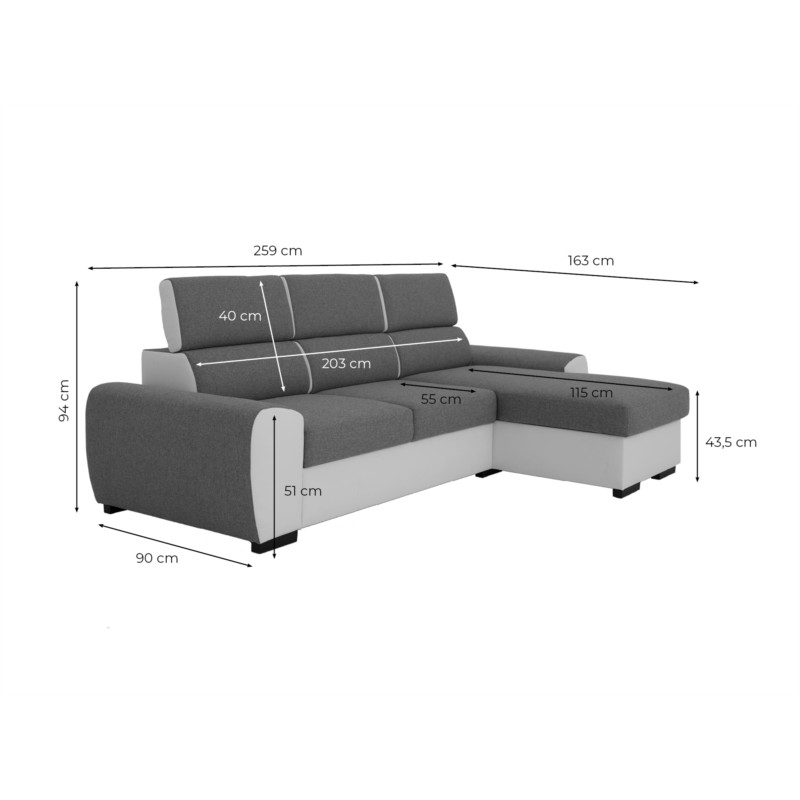 Corner sofa convertible 3 places headrests PU fabric ALI Grey, black - image 54926