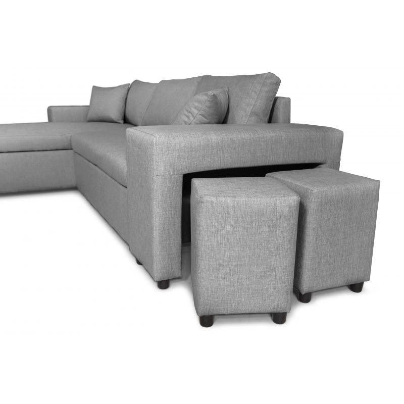 Canapé d'angle 3 places tissu pouf à droite étagère à gauche ADRIEN (Gris clair) - image 55483
