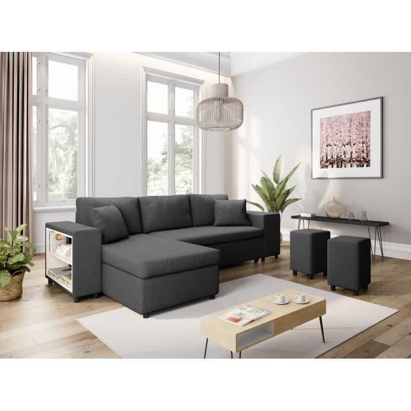 Corner sofa 3 places fabric pouf right shelf left ADRIEN (Dark grey) - image 55500
