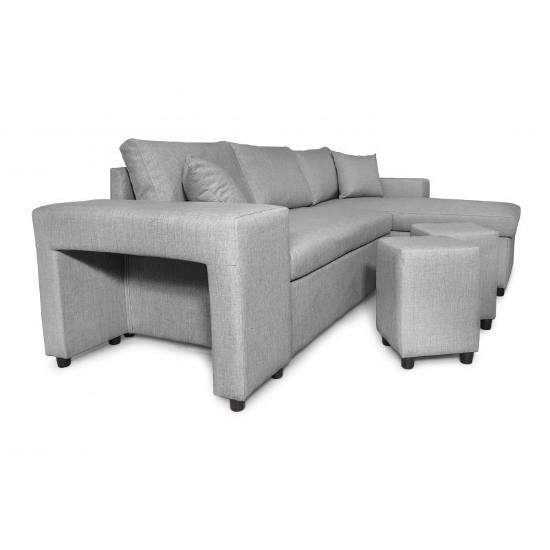 Canapé d'angle 3 places tissu pouf à gauche étagère à droite ADRIEN (Gris clair) - image 55543