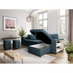 Corner sofa 3 places fabric pouf left shelf right ADRIEN (Oil blue)