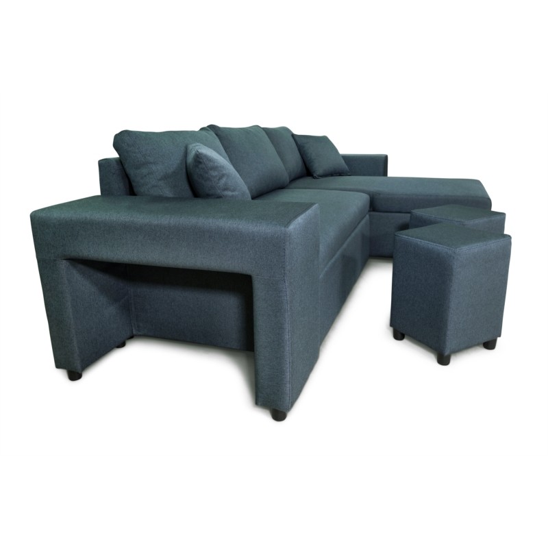 Corner sofa 3 places fabric pouf left shelf right ADRIEN (Oil blue) - image 55563