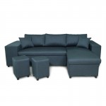 Corner sofa 3 places fabric pouf left shelf right ADRIEN (Oil blue)