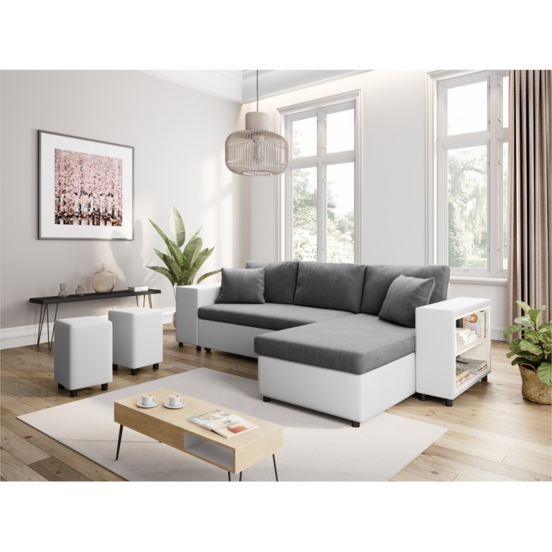Corner sofa 3 places ottoman left shelf right FABIO (Grey, white) - image 55629