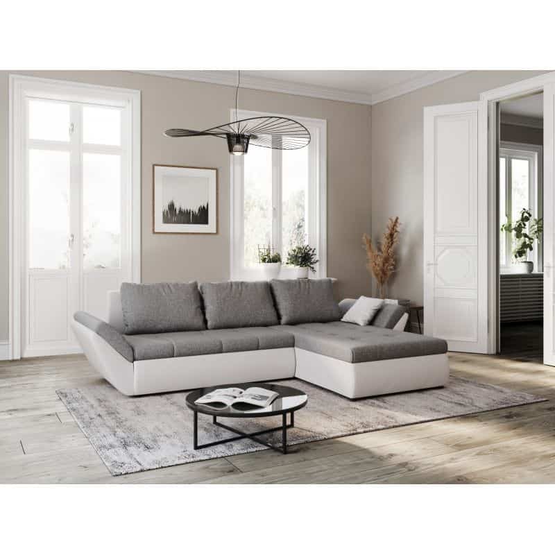 Convertible corner sofa 4 places fabric and imitation CATHIA (Grey, white) - image 55849