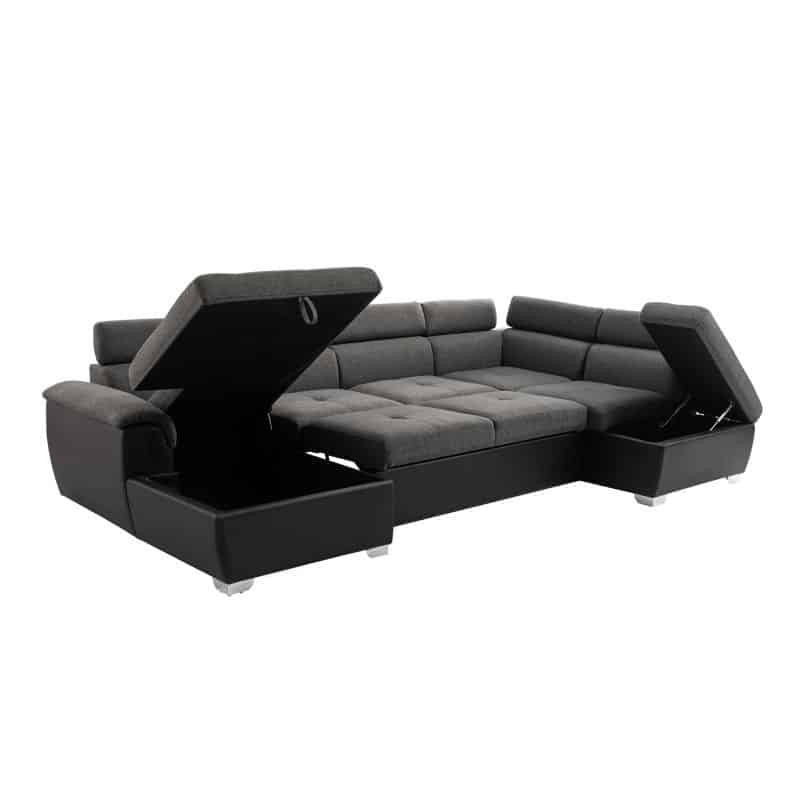 Sofá cama panorámico 6 plazas tela e imitación PARMA (Gris, negro) - image 56895