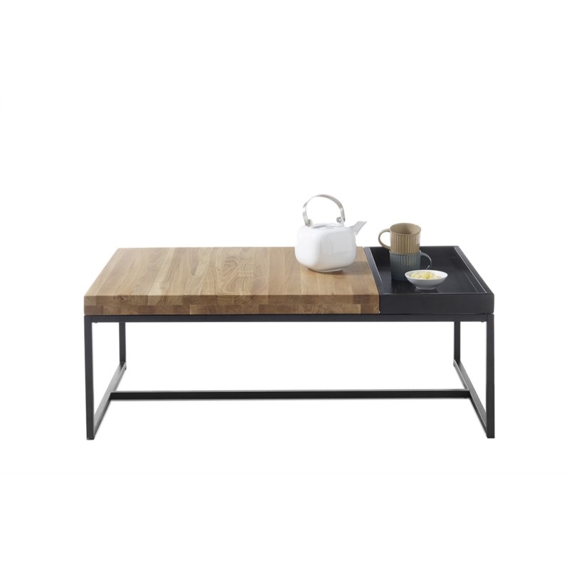 Solid oak coffee table with black legs and removable top INDIRA (Natural)