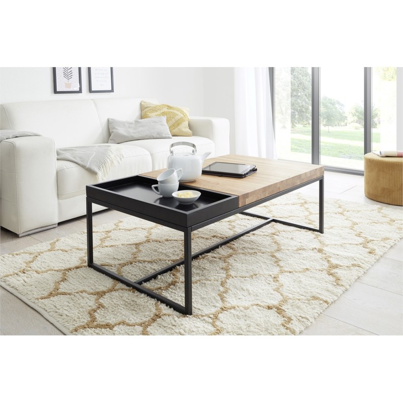 Solid oak coffee table with black legs and removable top INDIRA (Natural) - image 57899