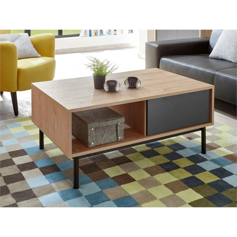 Industrial coffee table 2 drawers 110 cm BETH (Grey, wood)