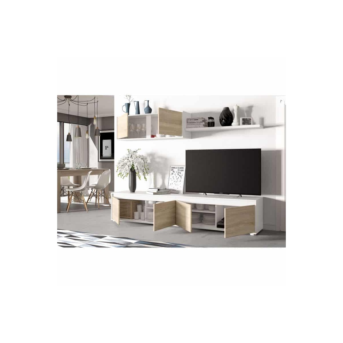 Mueble TV bajo de pared blanco Sage WH 4 estantes 2 armarios