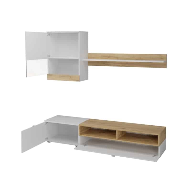 2-türiger TV-Ständer mit Regal und Wandsäule ROMY (Weiß, Holz) - image 58745