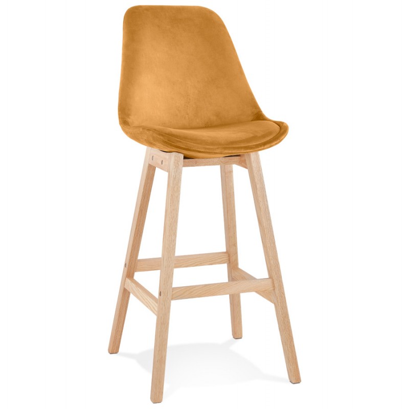 Design bar stool in velvet feet natural wood CAMY (Mustard) - image 61684
