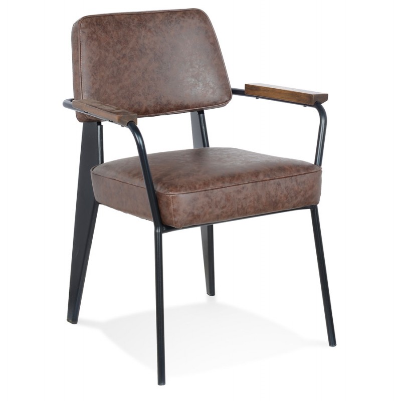 Chaise avec accoudoirs vintage pieds métal noir PACO (marron) - image 62981